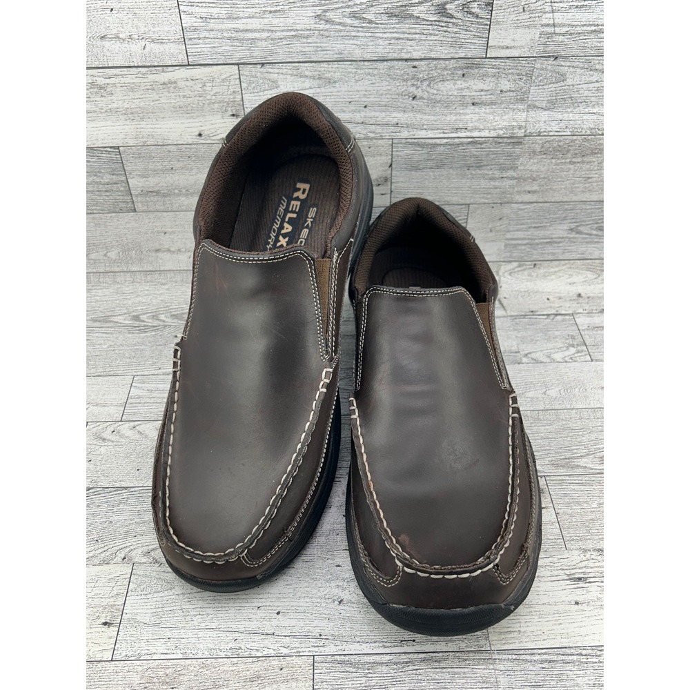 Skechers Relaxed Fit Men Size 12 Brown Leather Slip On Loafers Memory Foam 64348
